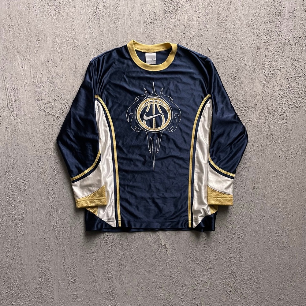 Vintage Basketball Graphic Warm Up Shirt Boys Medium Navy Blue 2000s Nike
